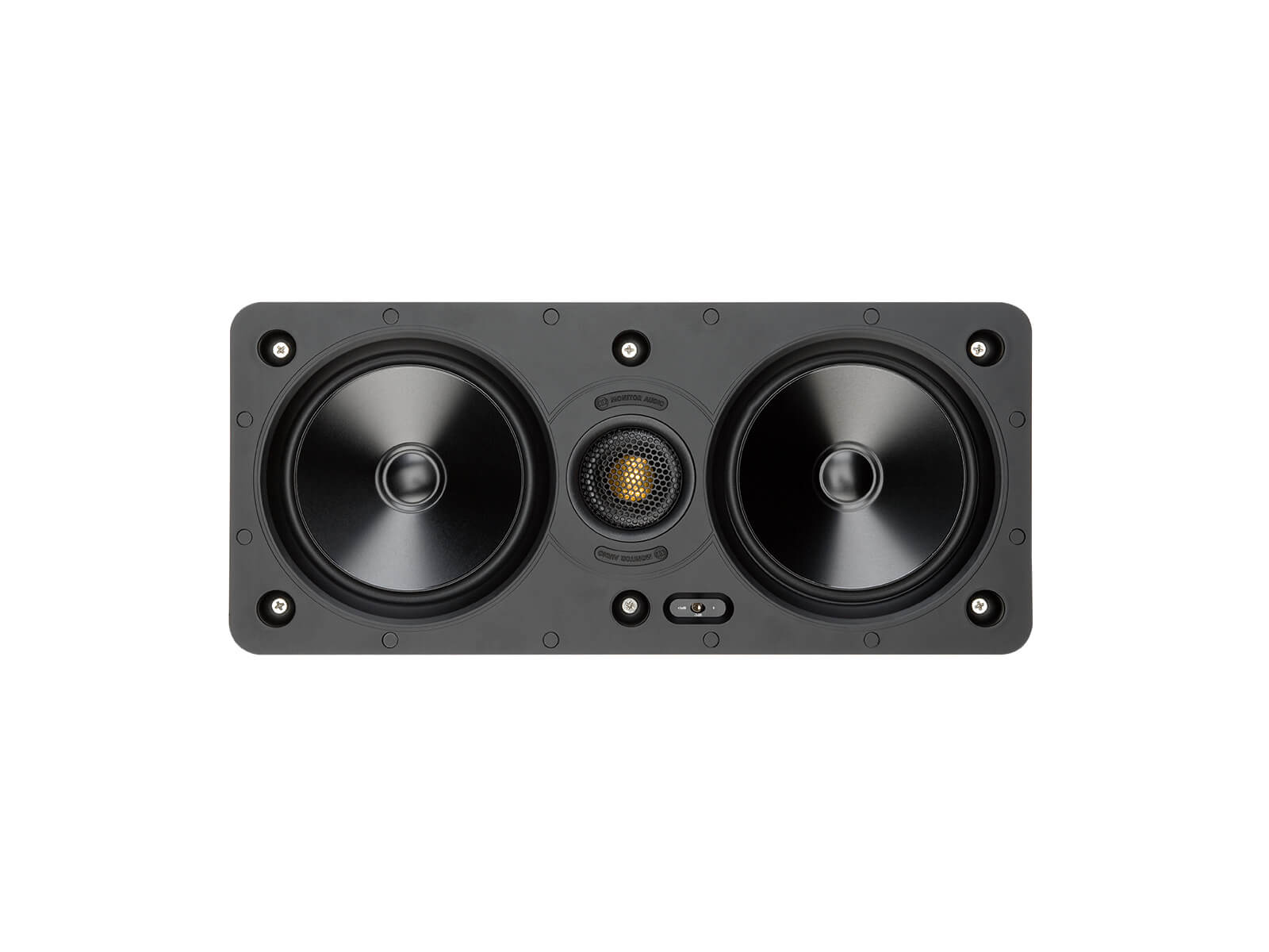 Core W250-LCR, front-on, grille-less in-wall speakers.