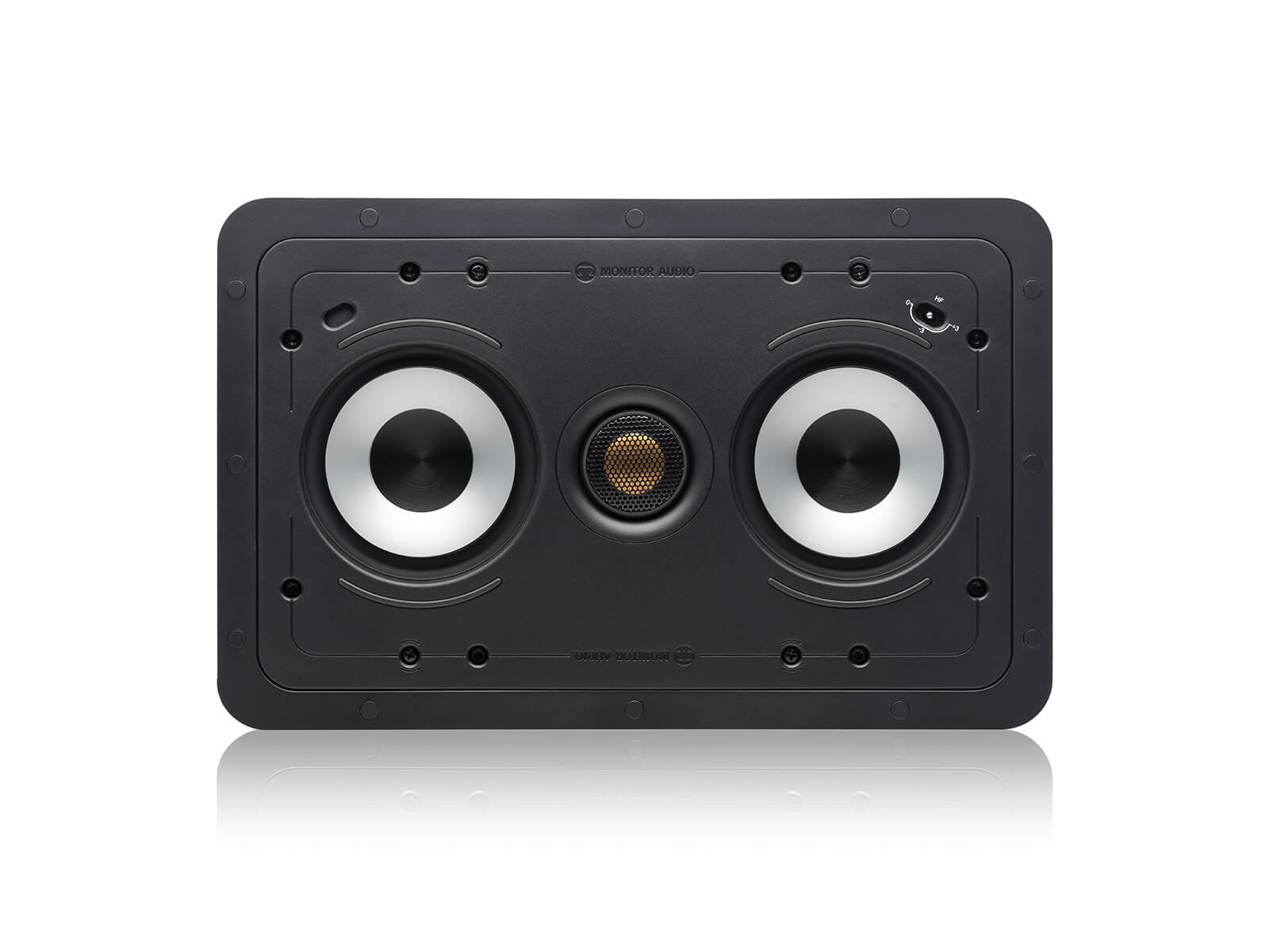 Controlled Performance CP-WT140LCR, front-on, grille-less in-wall speakers.
