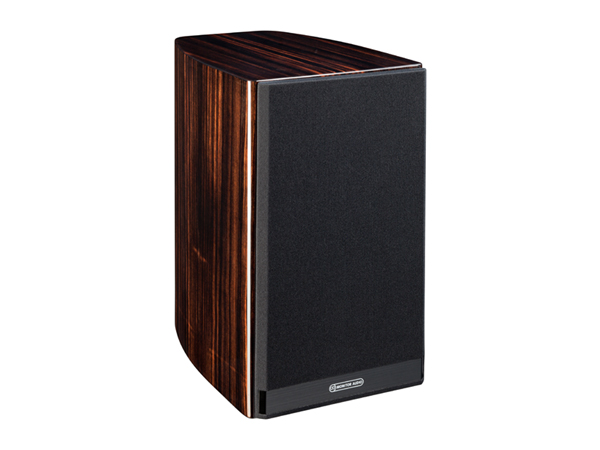 Gold 50, bookshelf speakers, featuring a grille and a piano ebony finish.