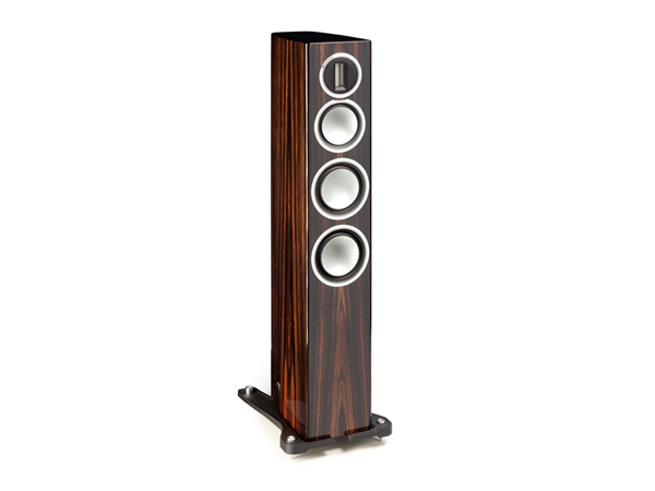 Gold 200, grille-less floorstanding speakers, with a piano ebony finish.