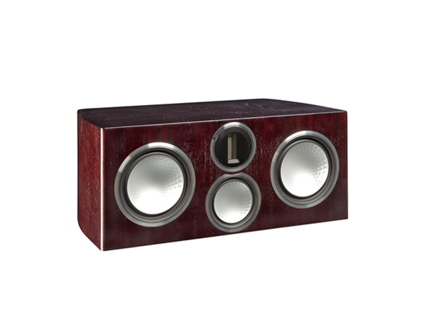 Gold C350, grille-less centre channel speakers, with a dark walnut real wood veneer finish