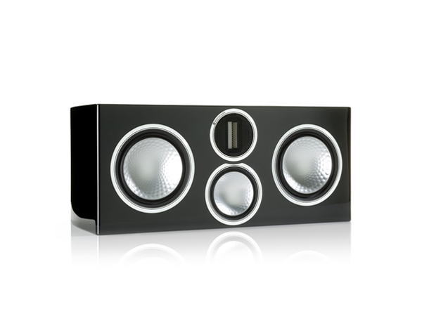 Gold C350, grille-less centre channel speakers, with a piano black lacquer finish.