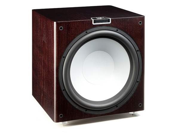 Gold W15 grille-less subwoofer, with a dark walnut real wood veneer finish.
