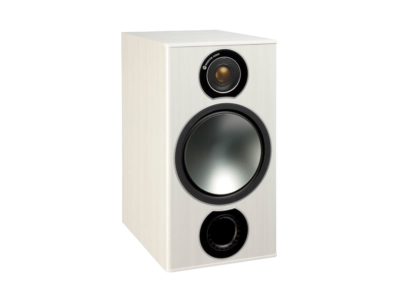 Bronze 2, grille-less bookshelf speakers, with a white ash vinyl finish.