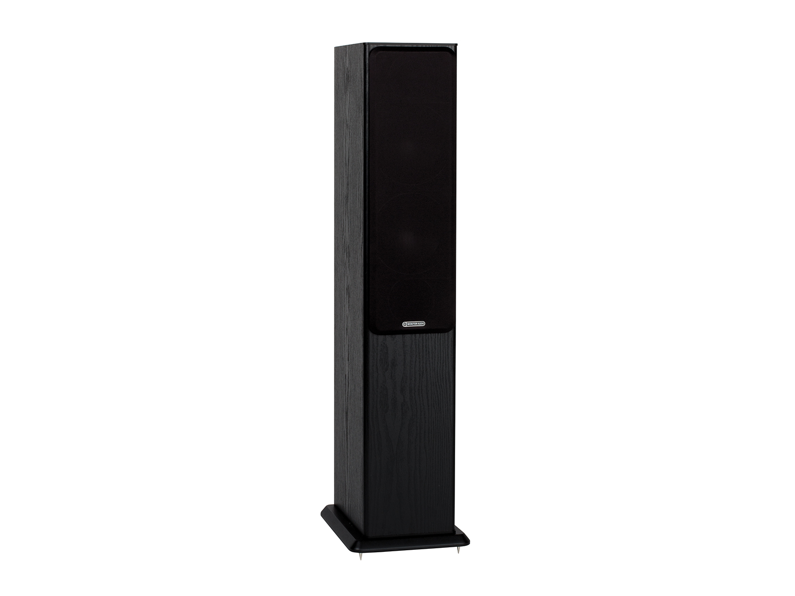 Bronze 5, floorstanding speakers, featuring a grille and a black oak vinyl finish.