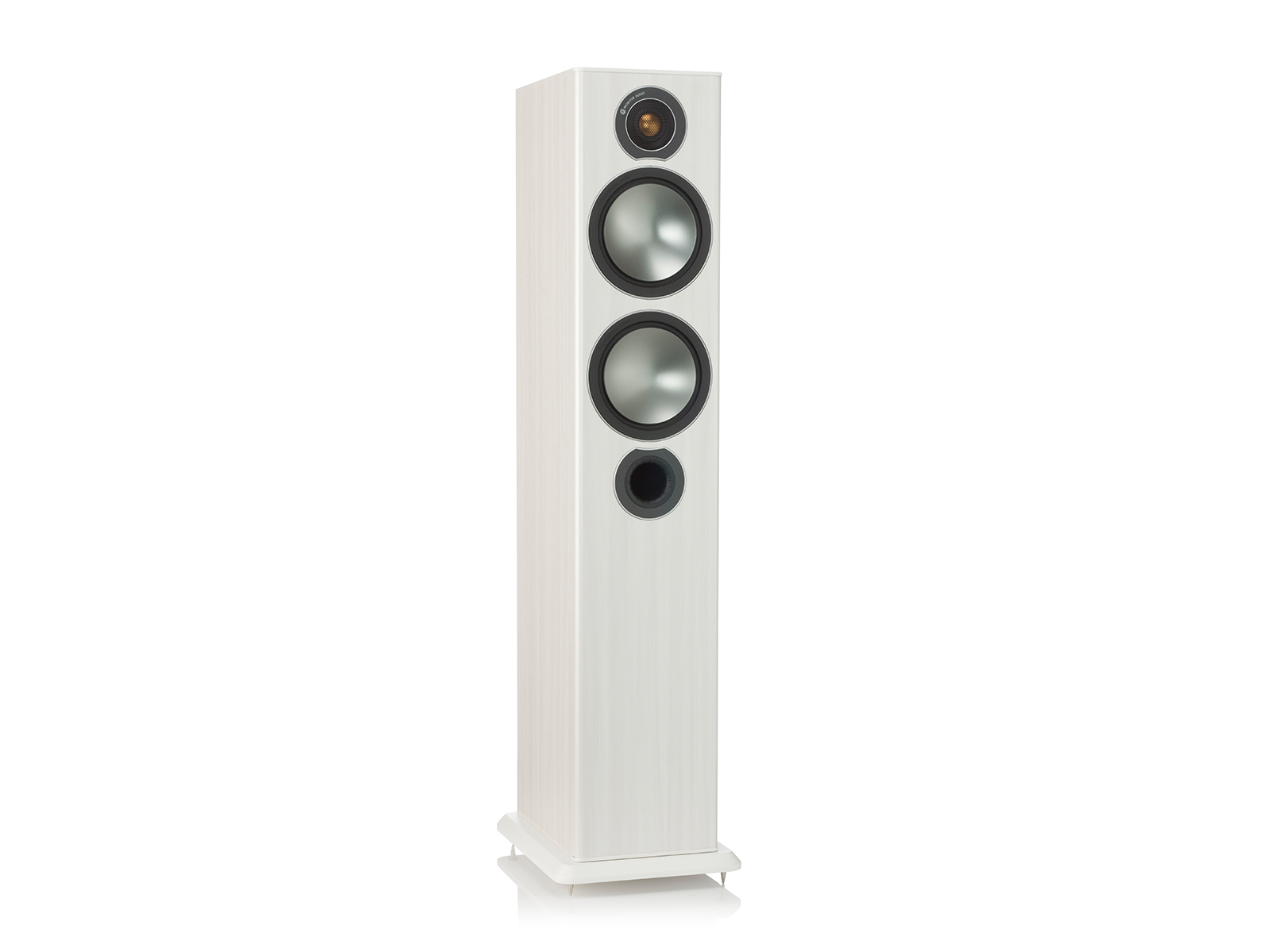 Bronze 5, grille-less floorstanding speakers, with a white ash vinyl finish.